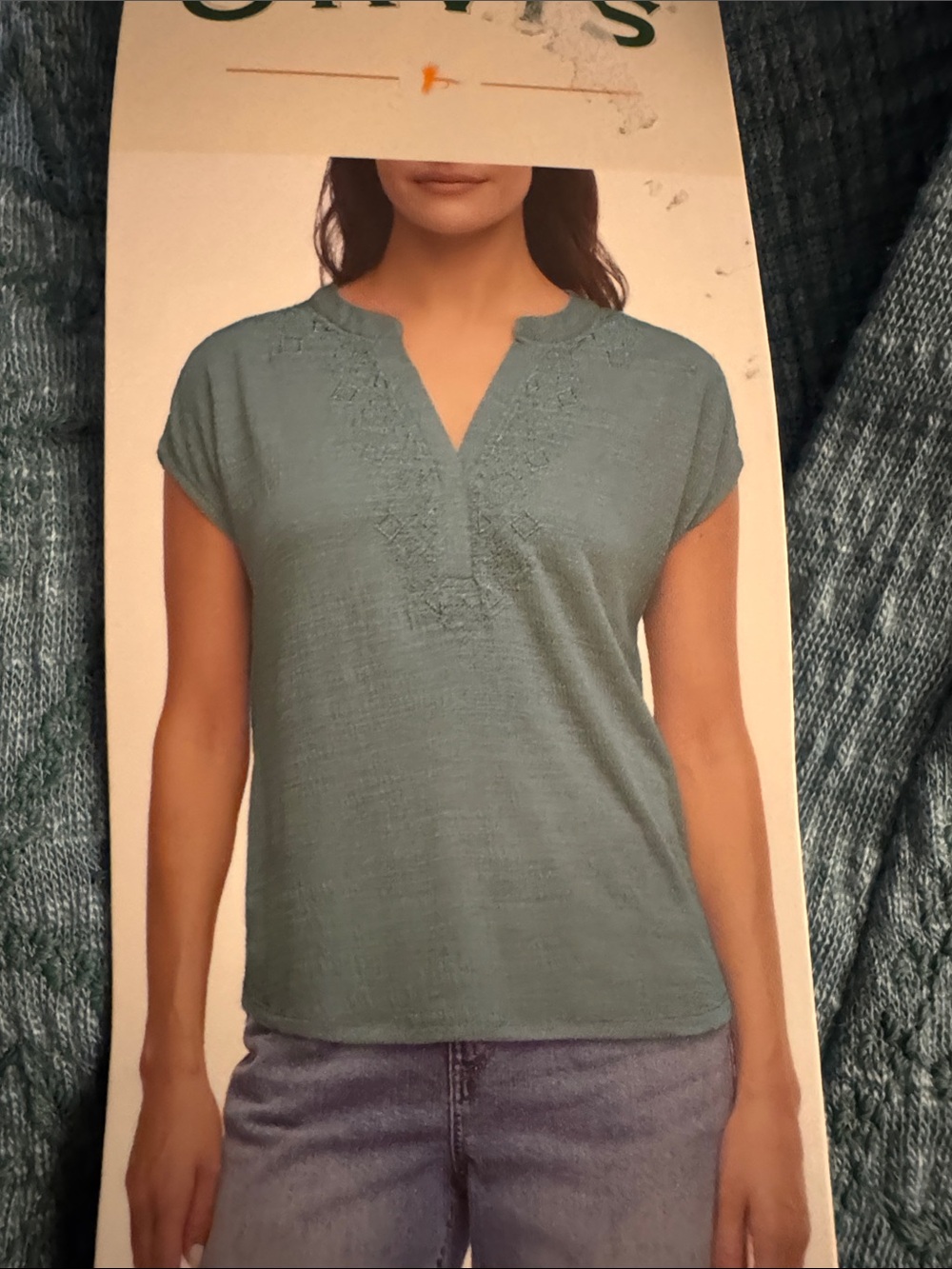 Orvis Seafoam Green Cap-Sleeve Split-Neck Embroidered Top